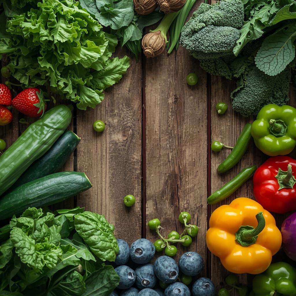 Close-up of fresh organic green vegetables, leafy greens, and colorful fruits arranged aesthetically on a rustic wooden table.